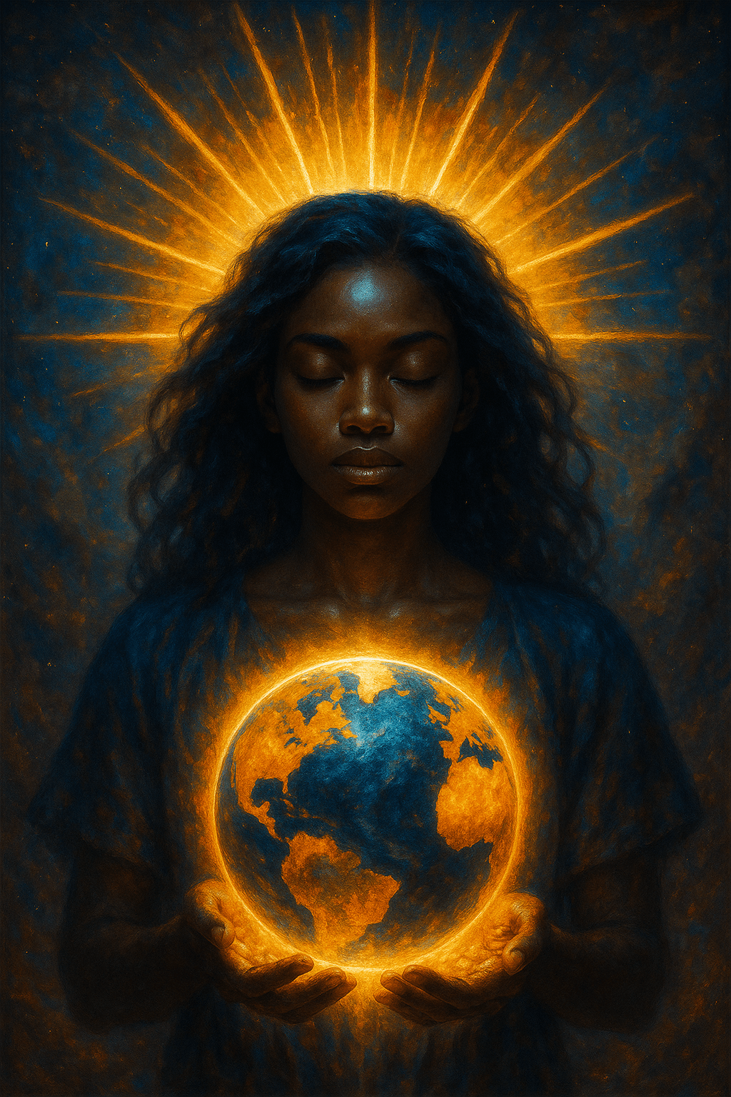 Woman holding a glowing Earth in her hands with radiant light behind her head, symbolizing care, unity, and connection to the planet