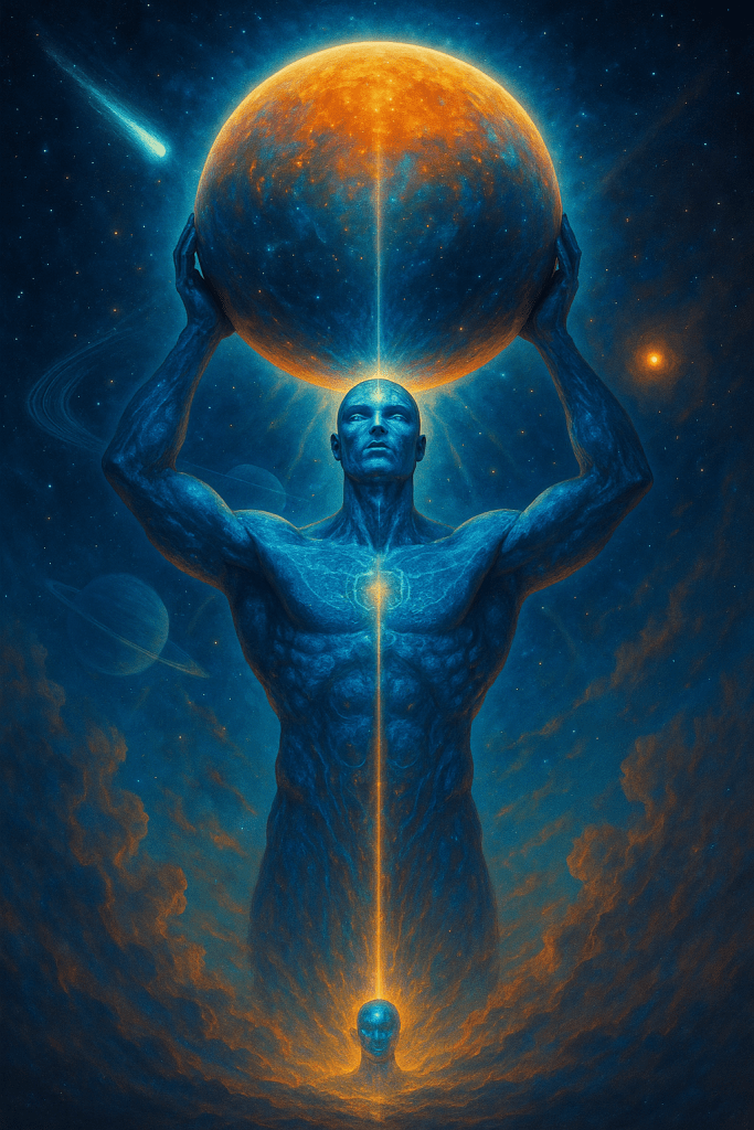 A monumental blue figure lifts a glowing world above his head, a beam of light connecting the sphere to his heart and to a smaller illuminated head below. Planets and comets surround him in the void of space. The artwork represents the burden and brilliance of awareness—the mind as both vessel and cosmos.