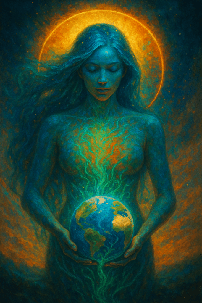 A blue-skinned, ethereal woman stands with eyes closed, her long flowing hair merging with starlight. A golden halo encircles her head, and green energy flows from her heart to the Earth she holds tenderly in her hands. The image radiates unity between the cosmos, nature, and the feminine creative force. 