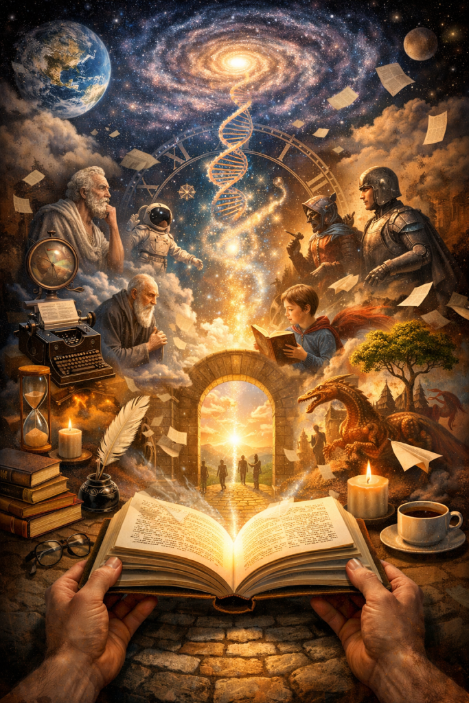 A reader looks through a glowing keyhole-shaped portal into a universe of ideas, surrounded by dragons, explorers, astronauts, cities, and symbols of discovery, showing how books unlock imagination and possibility.