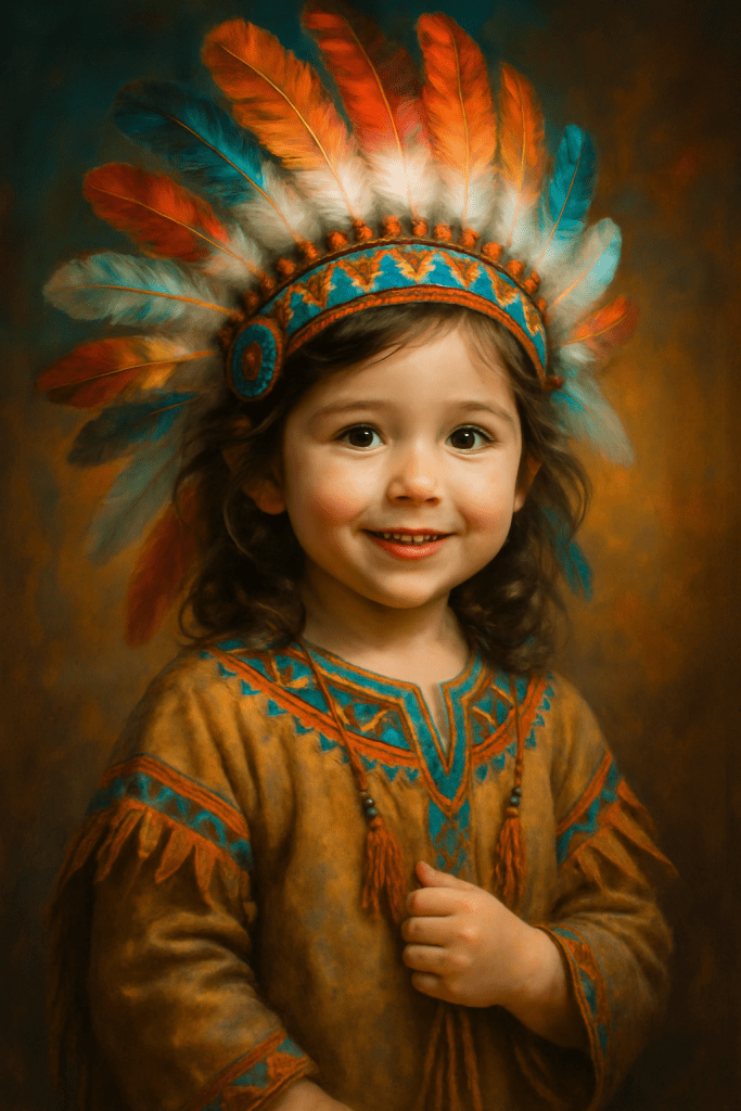 Smiling young child wearing a colorful feathered headdress and traditional-style clothing against a warm, painterly background
