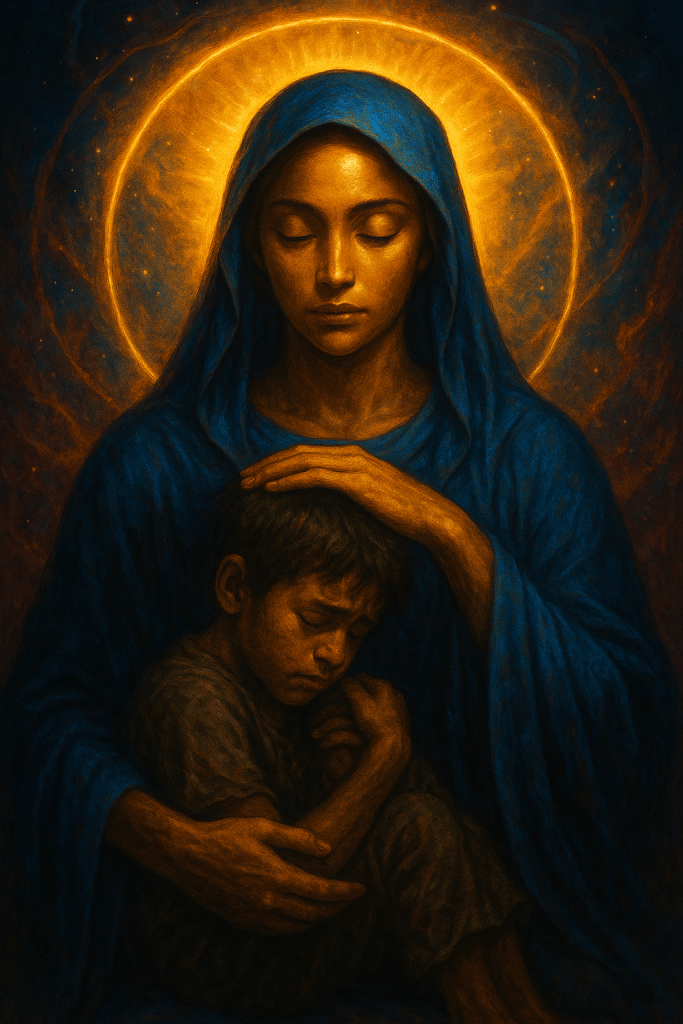 A serene woman in a blue cloak, encircled by a glowing golden halo, cradles a young boy in her arms. Her expression is one of deep compassion and protection, as light emanates softly from around them, symbolizing divine comfort and unconditional love.