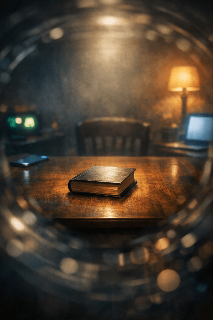 A quiet wooden table with a closed book sits in a softly lit study, viewed through the blurred circular edge of a glass, contrasting calm reflection with the surrounding digital chaos.