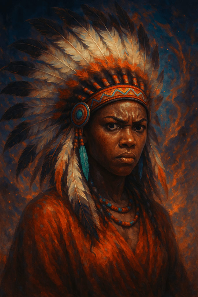 Serious woman wearing a feathered headdress and red clothing, staring forward with an intense expression against a smoky, dramatic backdrop