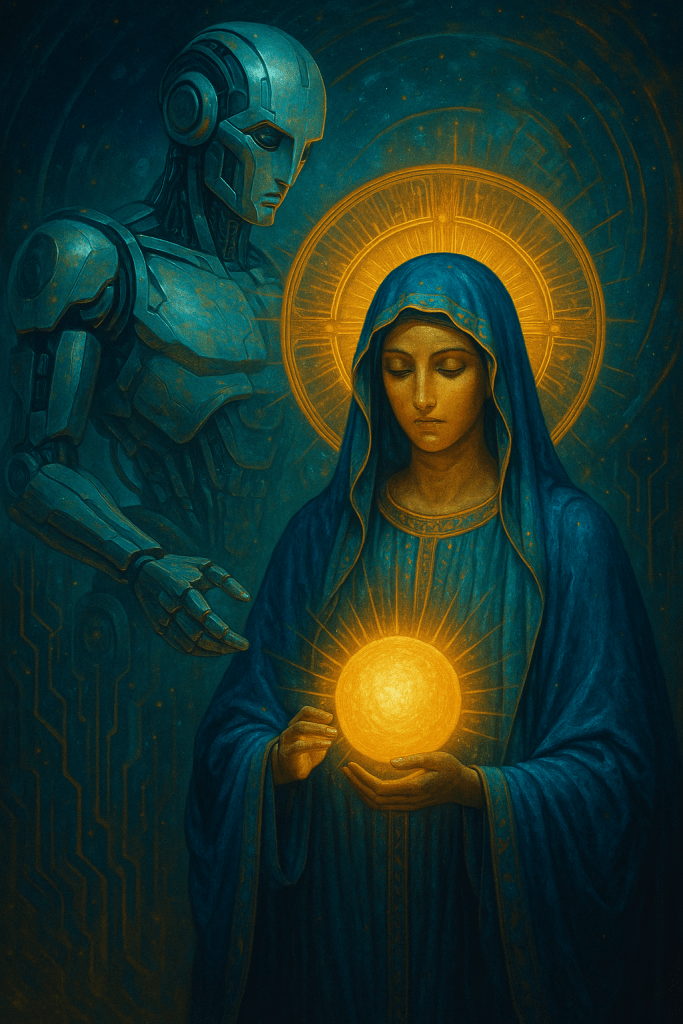 A luminous woman in a blue robe holds a radiant golden orb of light as a humanoid robot stands beside her, head bowed. Both are enveloped in halos, merging divine grace with technological awareness. The image embodies the harmony of faith, humanity, and intelligence.
