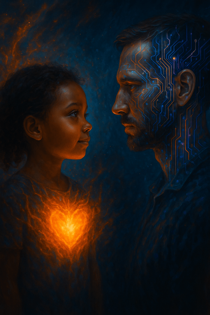 A young girl and a man face each other closely, the girl glowing with a bright heart at her chest while the man’s face is patterned with circuit-like lines, symbolizing human and technological connection