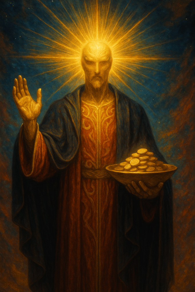 A figure in ornate red and blue robes stands in a field of light, one hand raised in blessing, the other holding a golden bowl filled with coins. Rays of sunlight burst from the being’s head like a solar halo, symbolizing divine abundance and illumination.