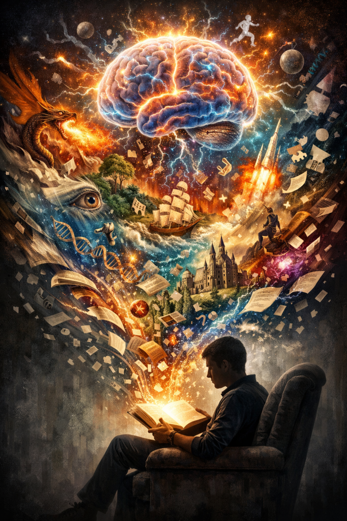 A seated reader opens a book while an explosion of imagination rises above them—featuring castles, dragons, ships, rockets, and flying pages—representing the limitless worlds created by stories.