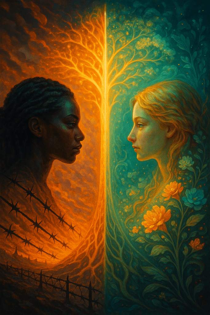 Two women face each other across a glowing vertical divide, one side dark and thorny, the other bright with flowers, representing duality and contrast