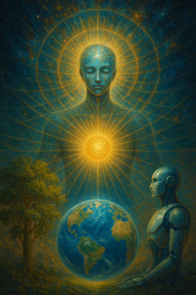 A vast luminous being radiates golden light from the heart, standing above the Earth, with a humanoid robot gazing upward toward it. A great tree grows beside the planet, symbolizing organic life, while golden rays weave through the cosmos, joining spirit, Earth, and creation.