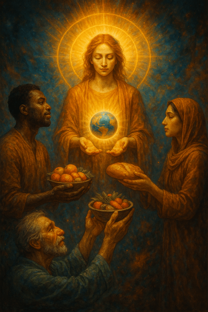 A radiant woman clothed in gold holds a glowing Earth in her hands, surrounded by three people offering fruits and bread in bowls. The scene glows with warmth and reverence, symbolizing the unity of humanity through generosity, gratitude, and sustenance.
