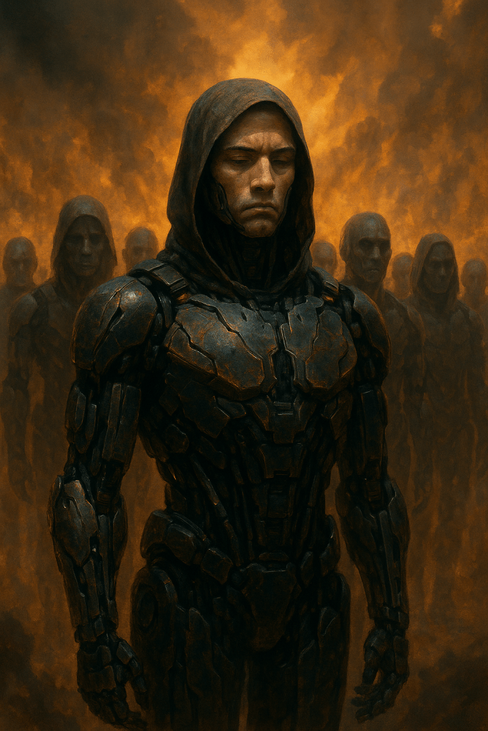 Armored figure in a hood stands among a group of similar figures in a smoky orange environment, suggesting a dystopian or futuristic setting
