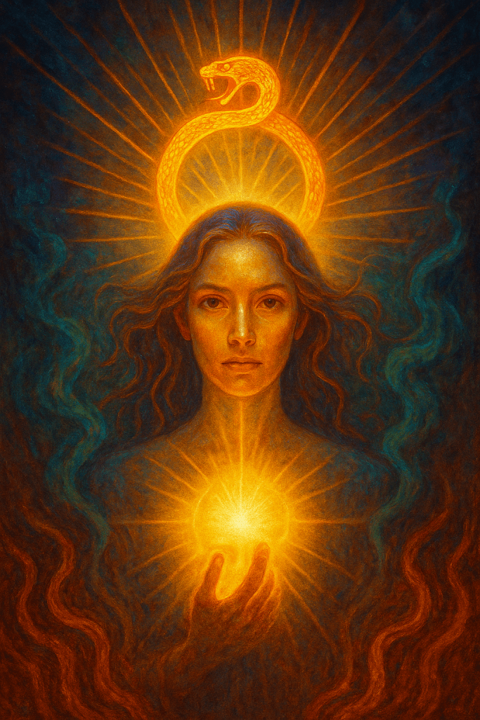 A golden-lit woman gazes forward, holding a radiant orb of light at her heart. Above her head glows a halo in the form of a serpent forming a circle—an ouroboros—radiating wisdom, eternal cycles, and the awakening of consciousness.