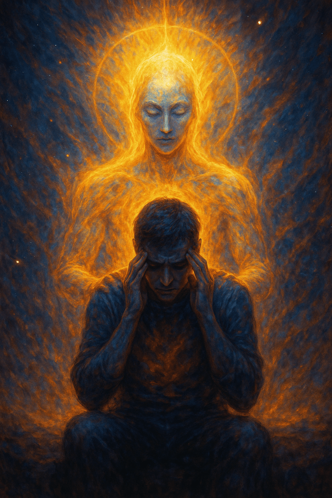 A glowing ethereal figure stands behind a seated man holding his head in thought or struggle. The radiant being’s hands hover in silent blessing as golden light surrounds them both, symbolizing the higher self illuminating and comforting the human soul.