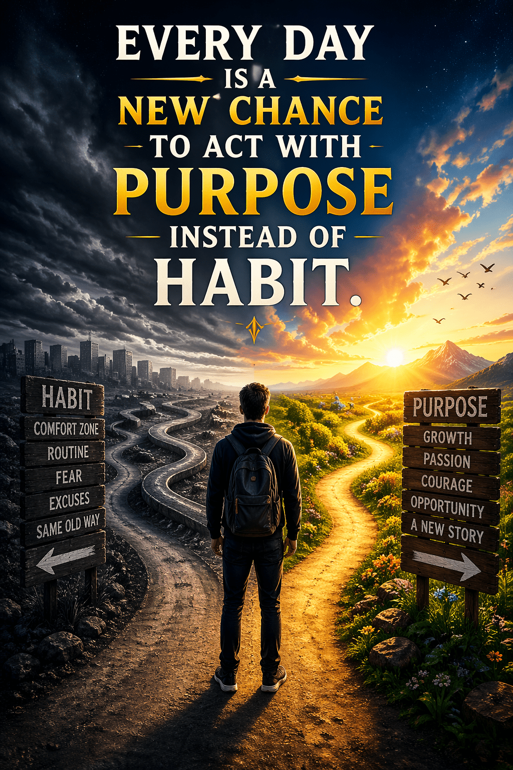 A person stands at a crossroads between two contrasting paths. On the left is a dark city landscape labeled habit, comfort zone, routine, fear, excuses, and same old way. On the right is a bright, sunlit path through nature labeled purpose, growth, passion, courage, opportunity, and a new story. The text reads: “Every day is a new chance to act with purpose instead of habit,” symbolizing the choice between autopilot living and intentional growth.