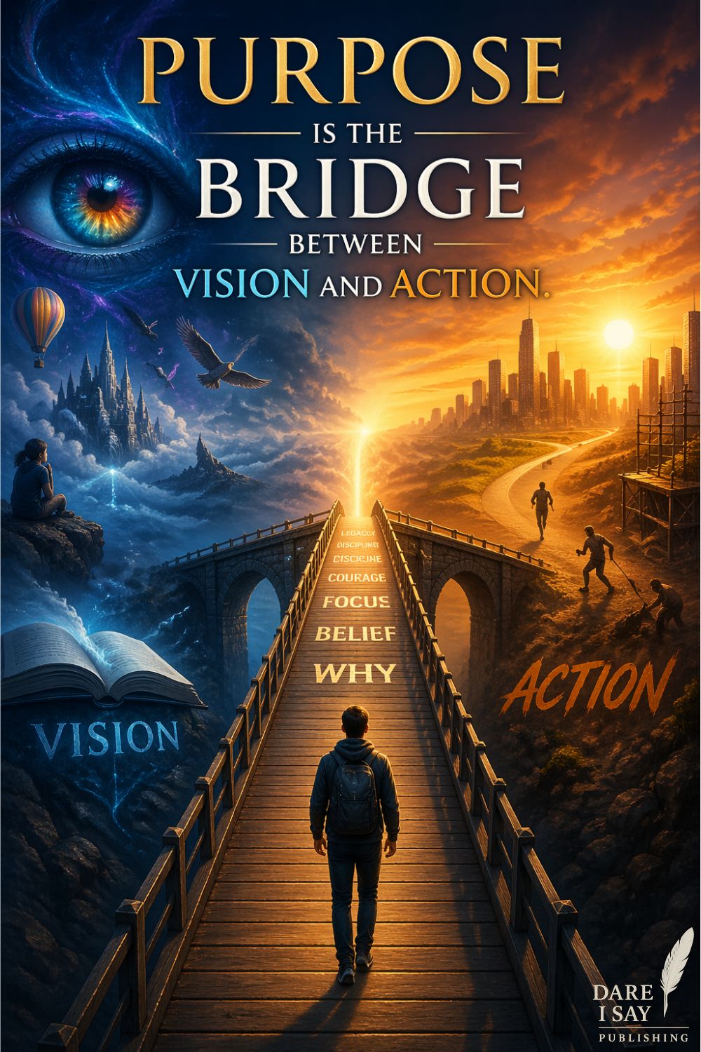 A person walks across a bridge connecting two worlds. On the left is a dreamlike vision with books, imagination, and fantasy elements. On the right is a real-world city where action takes place. The bridge is labeled with steps like courage, focus, belief, and why. Text reads: “Purpose is the bridge between vision and action.” A reflective image about purpose, alignment, and intentional living. Explores how purpose connects vision and action, encouraging meaningful growth and self-awareness.
