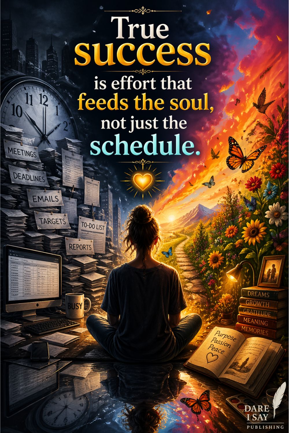A person sits between two contrasting worlds. On the left is a dark office environment filled with clocks, paperwork, deadlines, meetings, emails, reports, and signs of stress and busyness. On the right is a vibrant natural landscape filled with flowers, butterflies, mountains, and warm sunlight. A glowing heart floats above the person. The text reads: “True success is effort that feeds the soul, not just the schedule,” symbolizing the contrast between productivity and meaningful fulfillment.