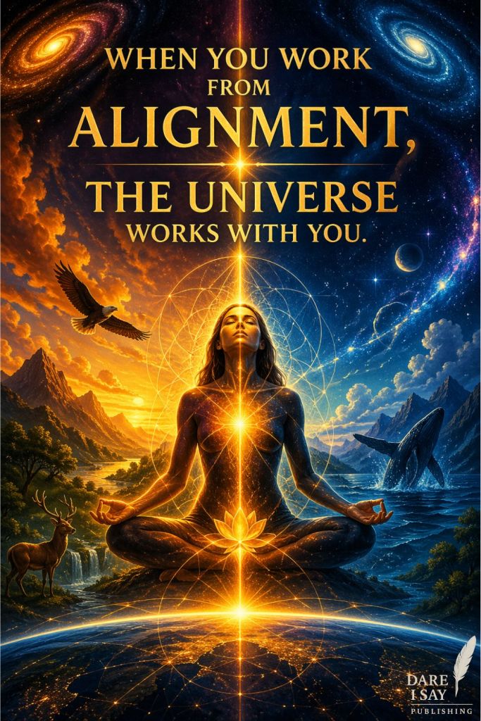 A cosmic-inspired motivational artwork showing a glowing meditating figure siting centered between two cosmic landscapes: a golden, nature-filled world with mountains and animals on the left and a deep blue cosmic ocean with stars and a whale on the right. Energy radiates from the body in geometric patterns. Text reads: “When you work from alignment, the universe works with you.” The image symbolizes inner peace, purposeful living, spiritual alignment, mindfulness, and personal transformation.