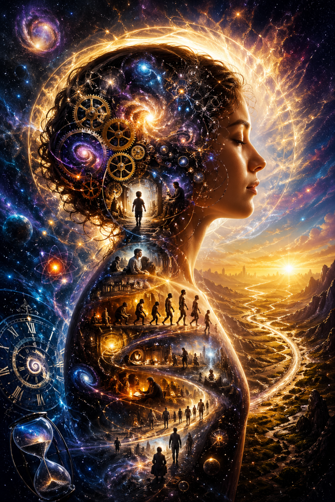 A serene human profile contains gears, memories, evolution, galaxies, and a winding inner path, showing consciousness as a living archive of time, experience, and becoming; transforming raw change into lived temporal experience.