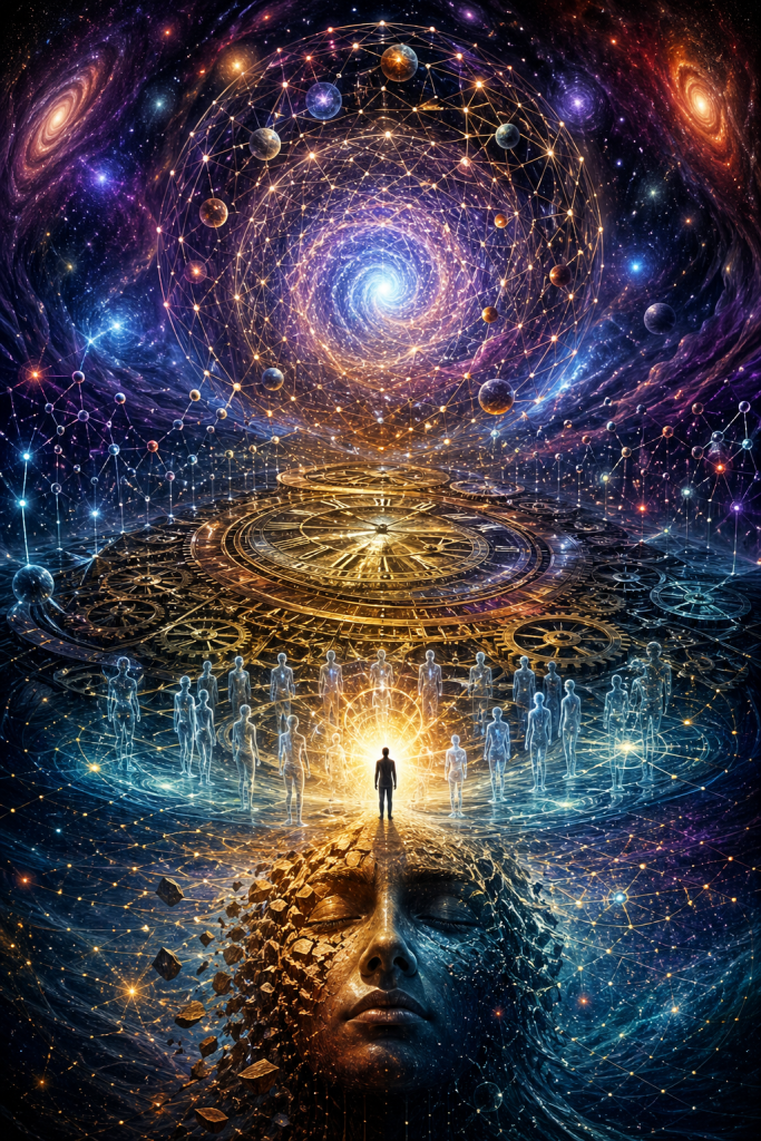 A vast cosmic structure with a glowing central figure surrounded by multiple translucent human silhouettes, beneath a swirling geometric galaxy and intricate clockwork design represents consciousness shaping the experience of time and reality