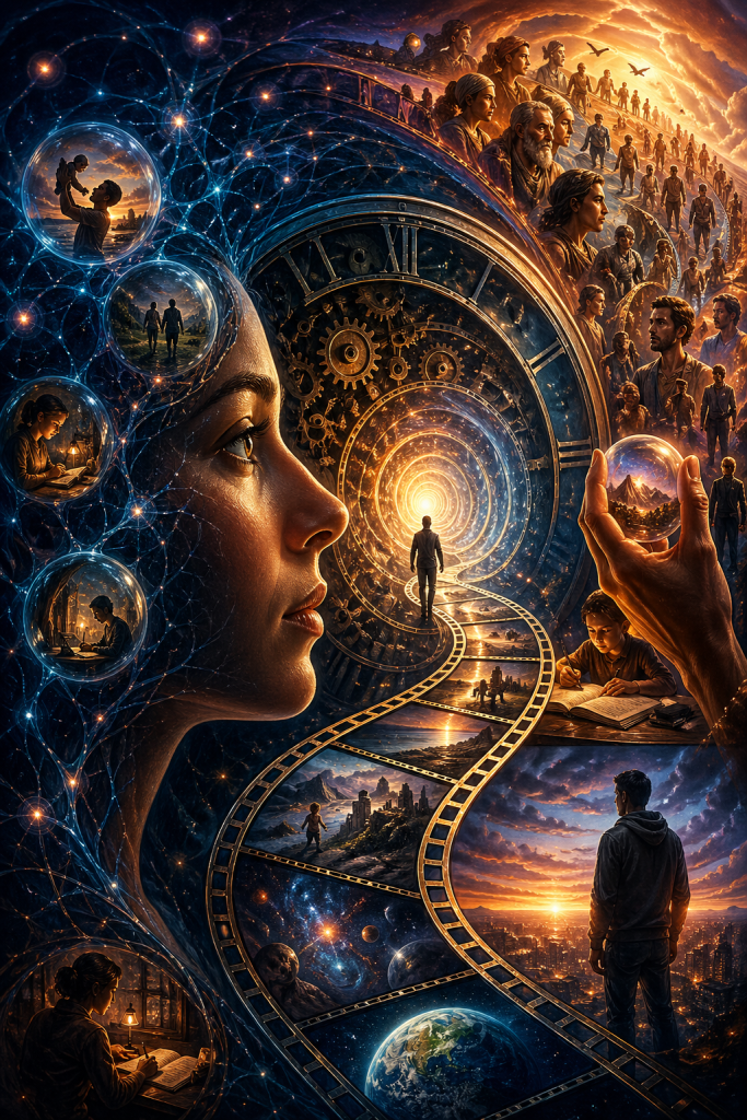 A detailed composition showing a woman’s profile filled with interconnected life moments, a central glowing pathway through time, and multiple scenes of growth, learning, and human experience represents memory, consciousness, and the construction of temporal continuity