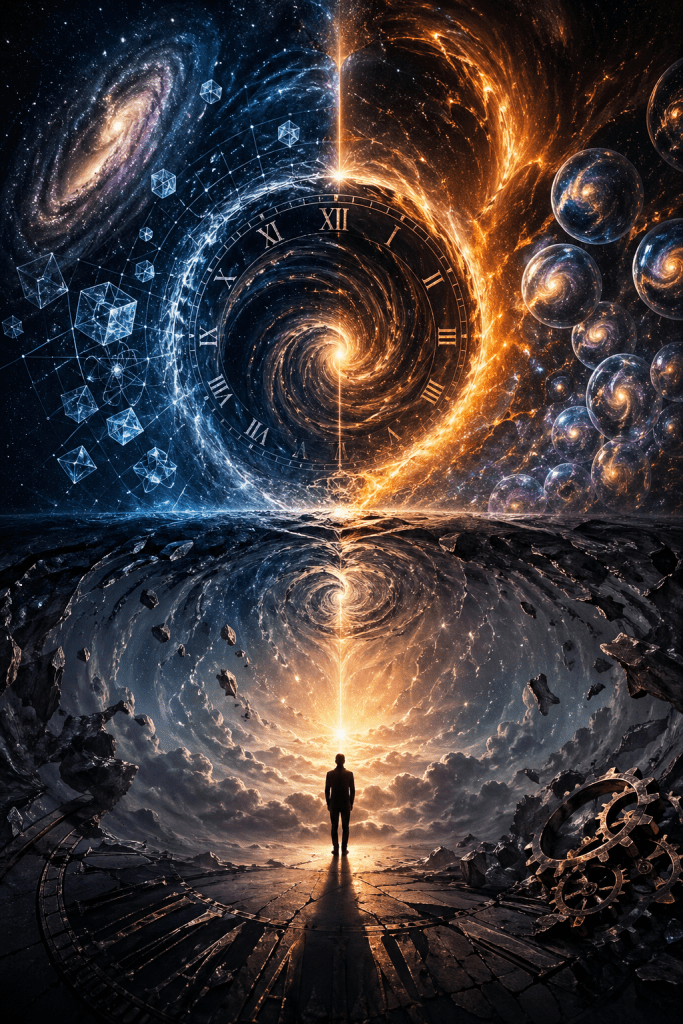 A lone figure faces a mirrored cosmic vortex of blue and gold energy, with clocks, planets, crystals, and fractured ground represents the meeting point between time, matter, awareness, and the deeper foundations of reality.