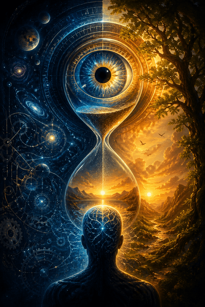 A symbolic image of a human figure facing an hourglass beneath a large eye, with one side showing cosmic mechanics and the other a warm natural landscape, representing the relationship between awareness, perception, and time