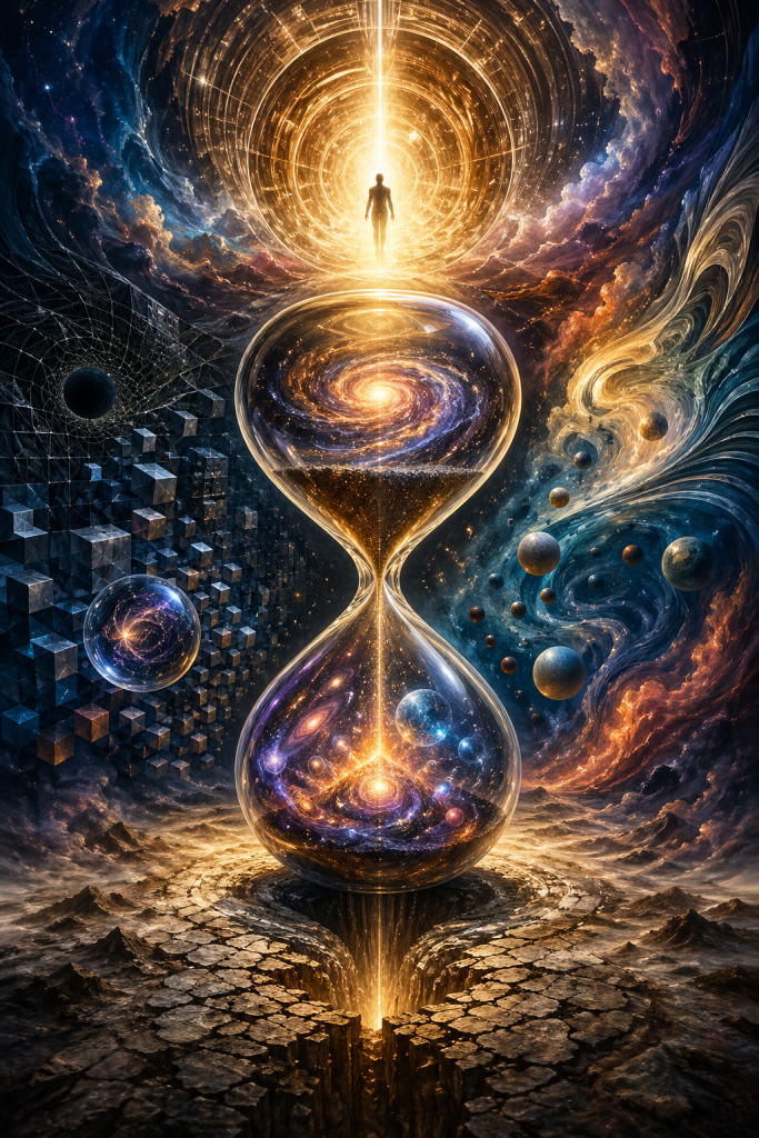 A giant hourglass holds galaxies while a radiant figure rises above it, surrounded by cubes, planets, storms, and cracked earth, representing time as a vessel for creation, collapse, transformation, and existence itself.