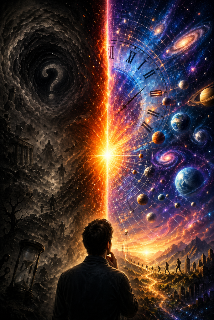 A person stands before a split universe, with darkness and uncertainty on one side and a bright cosmic timeline on the other, suggesting the choice between confusion and discovery, representing humanity confronting uncertainty about what existed before time.