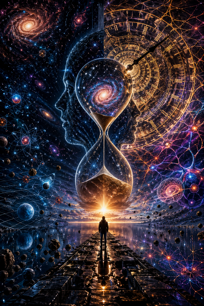A person walks toward a glowing horizon beneath a massive hourglass filled with galaxies, surrounded by cosmic scenes of atoms, stars, and intricate clockwork patterns, representing the mystery of time and observation