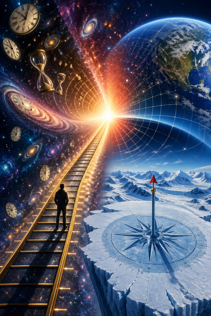 A lone figure stands on glowing tracks leading into a burst of light, surrounded by clocks, galaxies, Earth, and a compass-like ice platform, symbolizing the journey through time and direction, and humanity’s instinct to understand reality through sequence and causality.