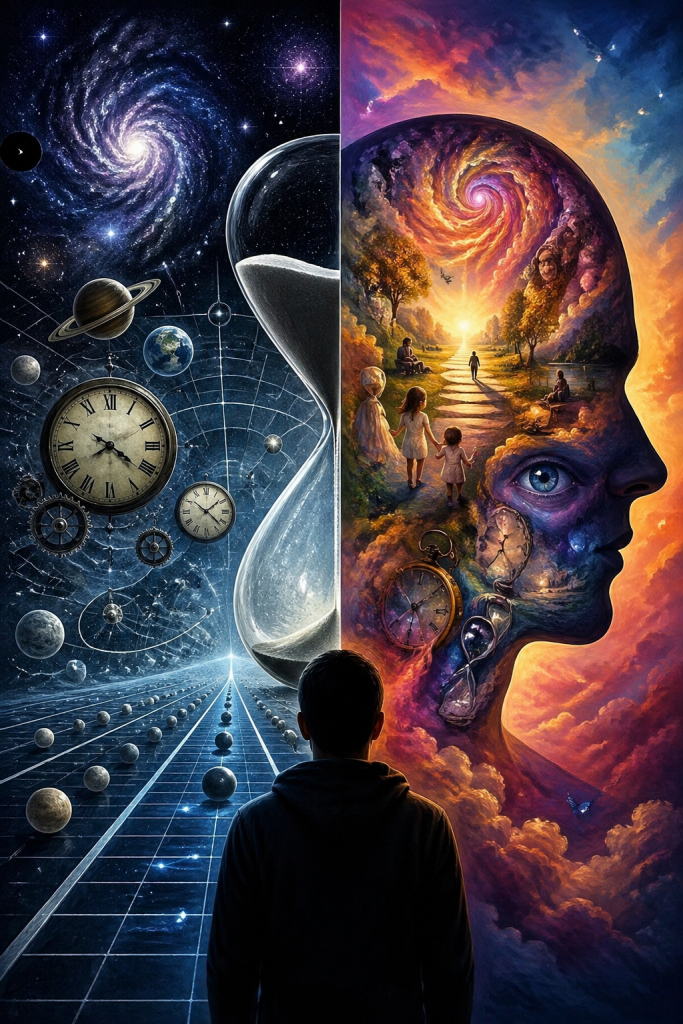 A figure stands between two contrasting halves, one showing a structured cosmic grid with clocks and planets, the other a colorful human profile filled with memories, life scenes, and a glowing path, representing physical time versus experienced time