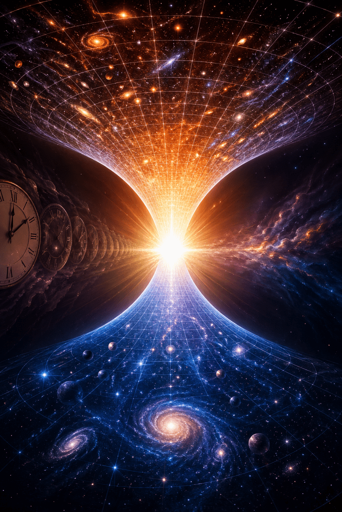A vast hourglass-shaped cosmic grid bends through space, with clocks and galaxies surrounding a brilliant central light, representing spacetime, gravity, and the emergence of time with the universe.