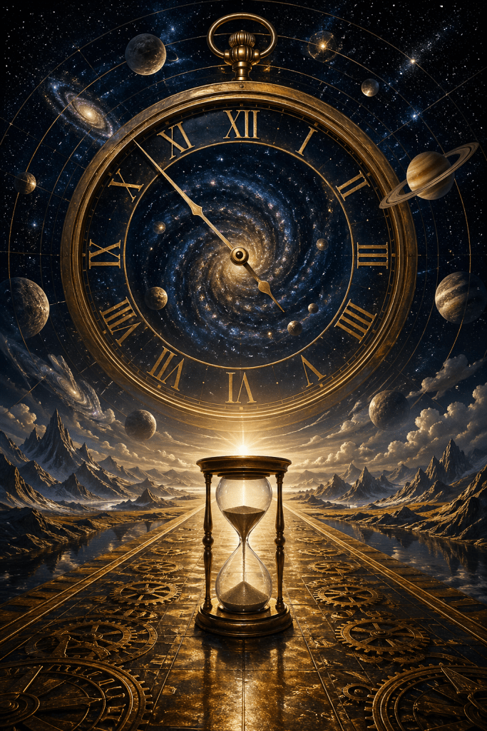 A large golden clock with Roman numerals floats in space, its center a swirling galaxy, with planets orbiting around it and an hourglass resting below on a reflective surface represents the classical view of time as a universal and independent force