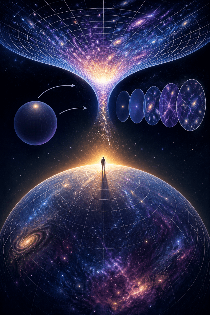 A lone figure stands on a cosmic sphere beneath a funnel of light and galaxies, with diagram-like circles and arrows suggesting observation, dimensions, and emerging reality, representing physics approaching the origin of spacetime and the limits of understanding.