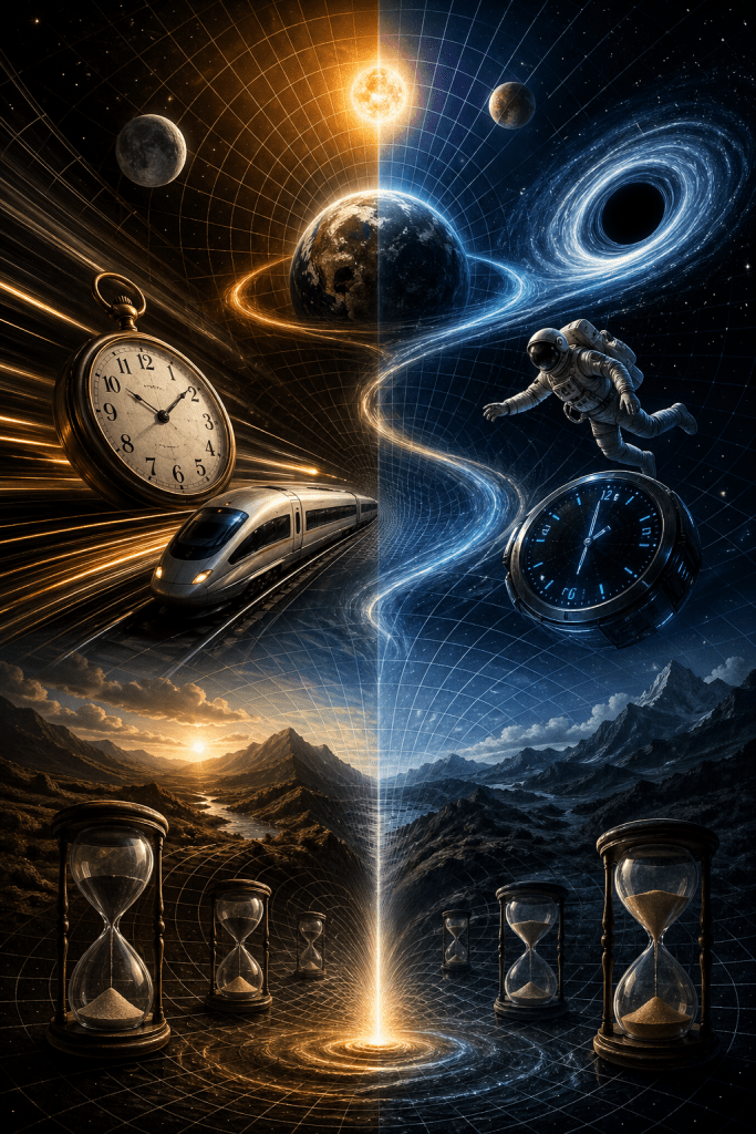 A split scene showing time and space concepts, with a fast-moving train and clock on one side, and an astronaut near a black hole with warped time on the other, all converging toward a central point, representing relativity and the observer-dependent nature of time