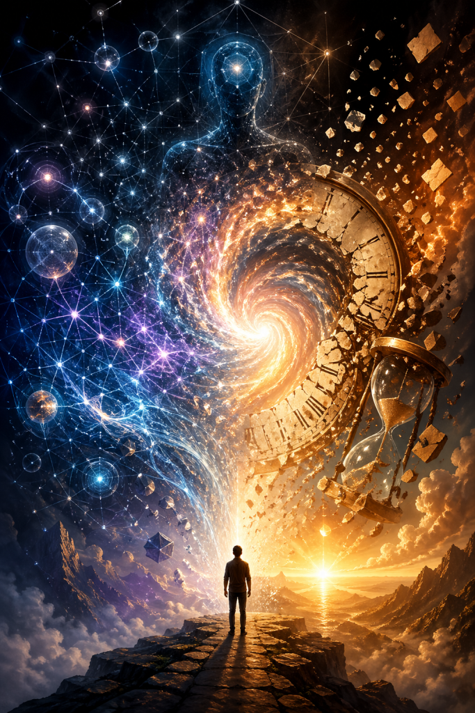 A person stands before a glowing vortex where shattered clocks, an hourglass, neural networks, and cosmic geometry collide, symbolizing time breaking open through consciousness, the Hartle–Hawking no-boundary proposal and the dissolution of ordinary time.