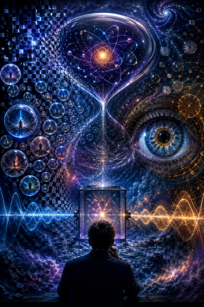 A surreal composition featuring a giant hourglass with atomic structures above and a glowing observer below, surrounded by multiple realities in bubbles and a large detailed human eye represents quantum observation and the role of awareness in reality
