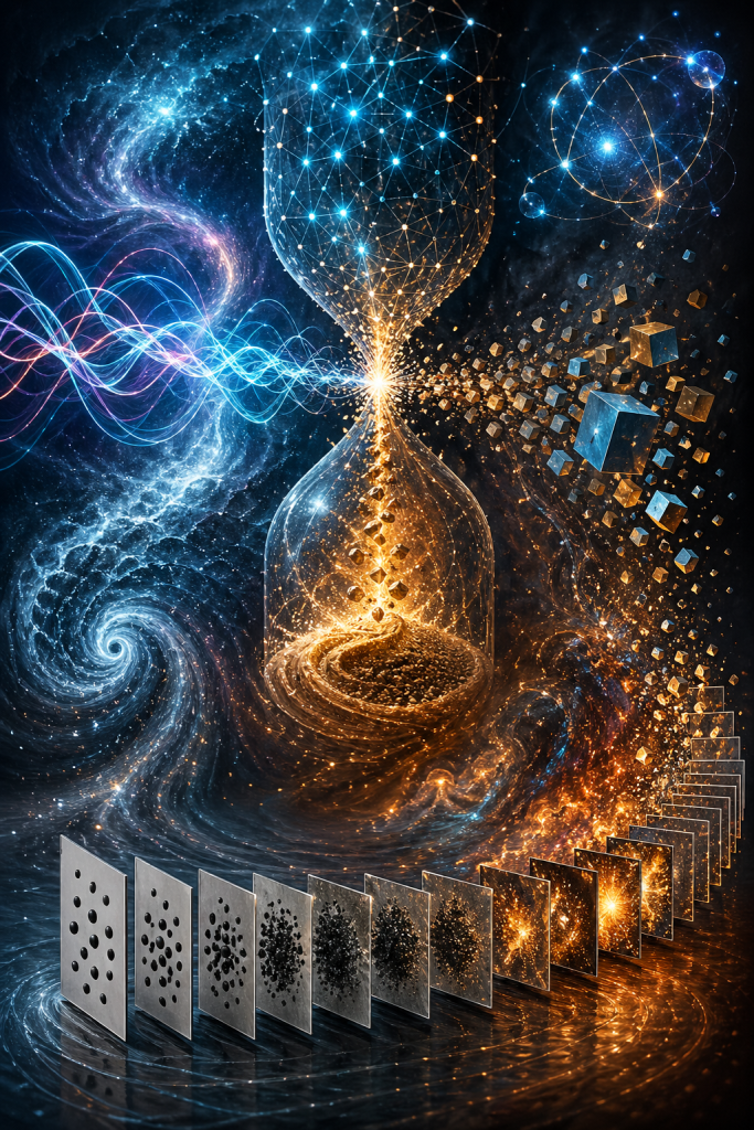A cosmic hourglass pours glowing particles into a swirling vortex, surrounded by waves, geometric shapes, and a sequence of panels showing progressive transformation represents time emerging from entropy, information, and change
