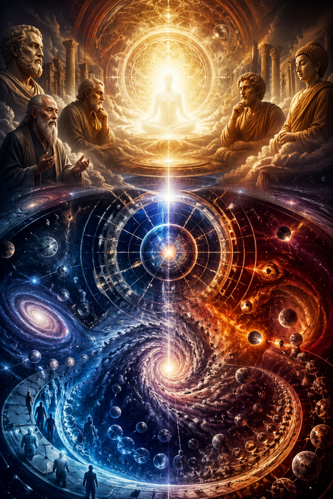 Ancient philosophers and spiritual figures observe a radiant meditating being above Earth and a spiraling cosmos, blending science, wisdom, consciousness, and cosmic time, representing timeless reality, consciousness, and the convergence of philosophy with modern cosmology.