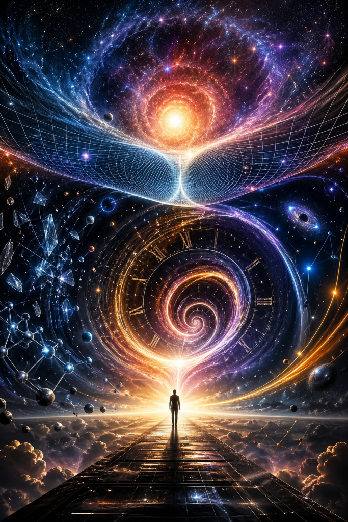 A lone figure walks toward a massive spiral of clocks, galaxies, and glowing pathways, representing time emerging from memory, information, and the structure of reality.