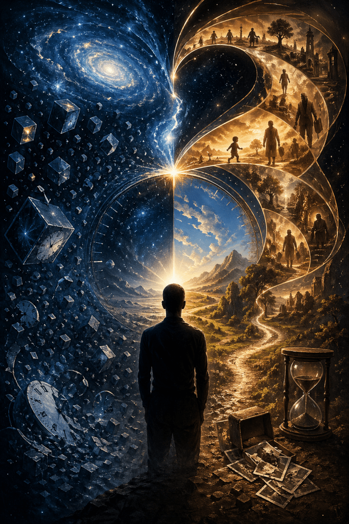 A split cosmic scene with a spiral galaxy on one side and a golden pathway of human life stages on the other, converging at a central point where a figure stands represents the contrast between physical change and conscious awareness of time