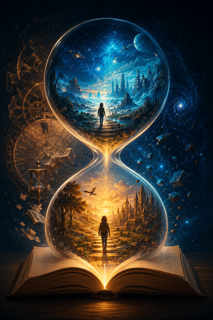 An open book supports a glowing hourglass containing two fantasy worlds, surrounded by clocks, stars, and cosmic dust, represents time as an internal structure within the story of the universe.