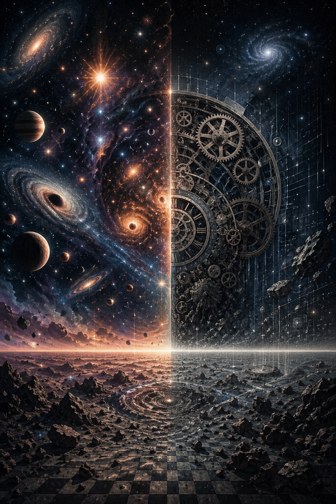 A divided universe showing vibrant galaxies on one side and mechanical gears and clockwork on the other, separated by a central glowing horizon over a rocky terrain represents the possibility that time emerges from a deeper timeless reality