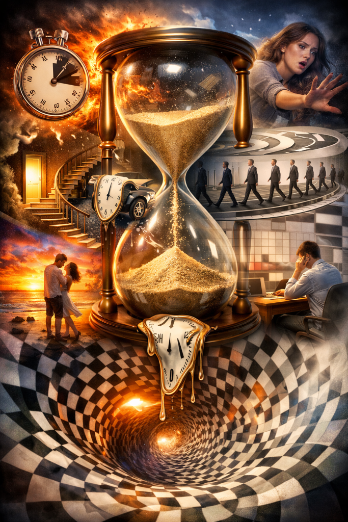 A glowing hourglass merging with a vintage clock, surrounded by swirling cosmic energy and floating calendar pages, representing the fluid, nonlinear nature of time.