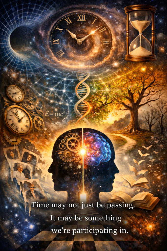 Two mirrored human profiles frame a glowing doorway at the center, with clocks, DNA strands, books, and nature surrounding them, representing knowledge, memory, science, and the path to understanding through time. Text says, "Time may not just be passing. It may be something we're participating in."