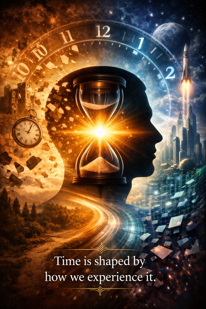 Human head silhouette contains a glowing hourglass, dividing natural landscape and futuristic city, symbolizing perception of time and balance between past, present, and future. Text says, "Time is shaped by how we experience it."