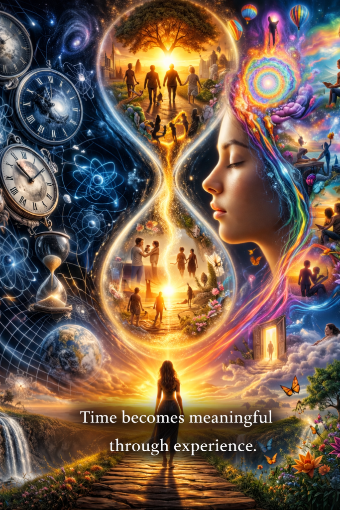 Vibrant hourglass contains scenes of family, relationships, and life moments surrounded by cosmic elements, clocks, and flowing energy, representing time as lived human experience and personal growth. Text says, "Time becomes meaningful through experience."