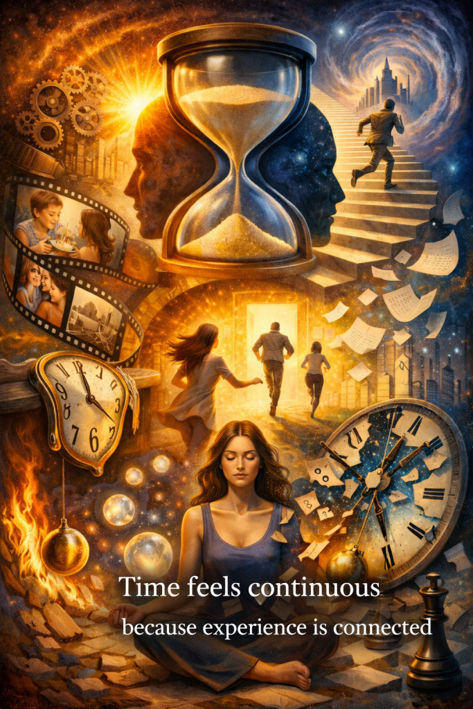 Meditating woman sits surrounded by clocks, memories, and life scenes, with an hourglass above and a glowing doorway ahead, representing mindfulness, perception, reflection, and human experience of time. Text says, "Time feel continuous because experience is connected."