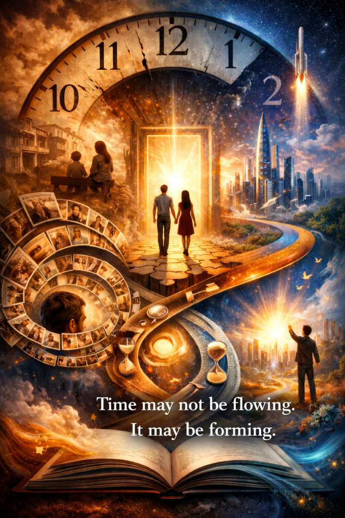 Couple walking toward glowing doorway beneath large clock, surrounded by memories, a winding path, and a futuristic city, representing life journey, shared experience, new possibilities, and progression through time. Text says, "Time may not be flowing. It may be forming."